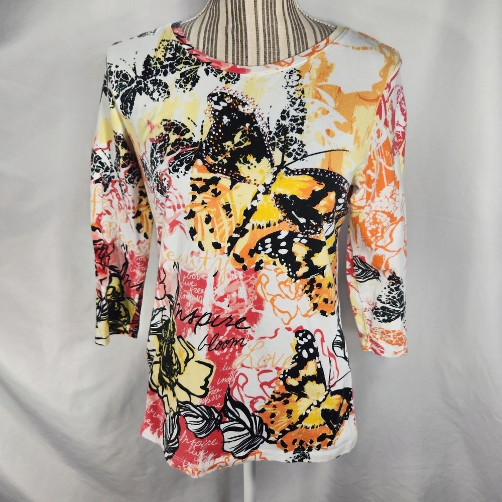 Christopher & Banks NWOT White Multi Studs Floral Butterfly 3/4 Sleeve Top Small